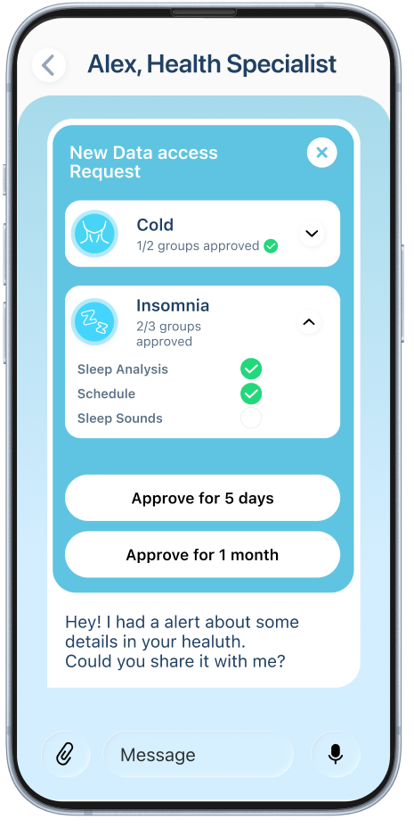 Smartphone showing health data sharing with specialist — secure medical records exchange